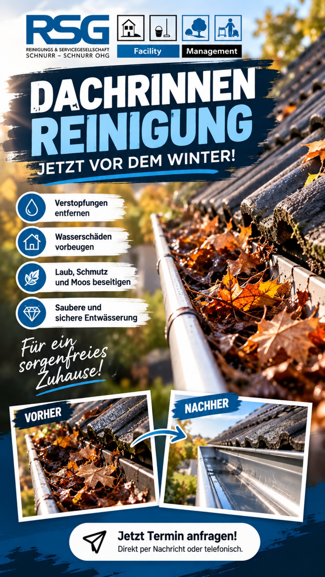Dachrinnenreinigung jetzt vor dem Winter - RSG Reinigungs- und Servicegesellschaft